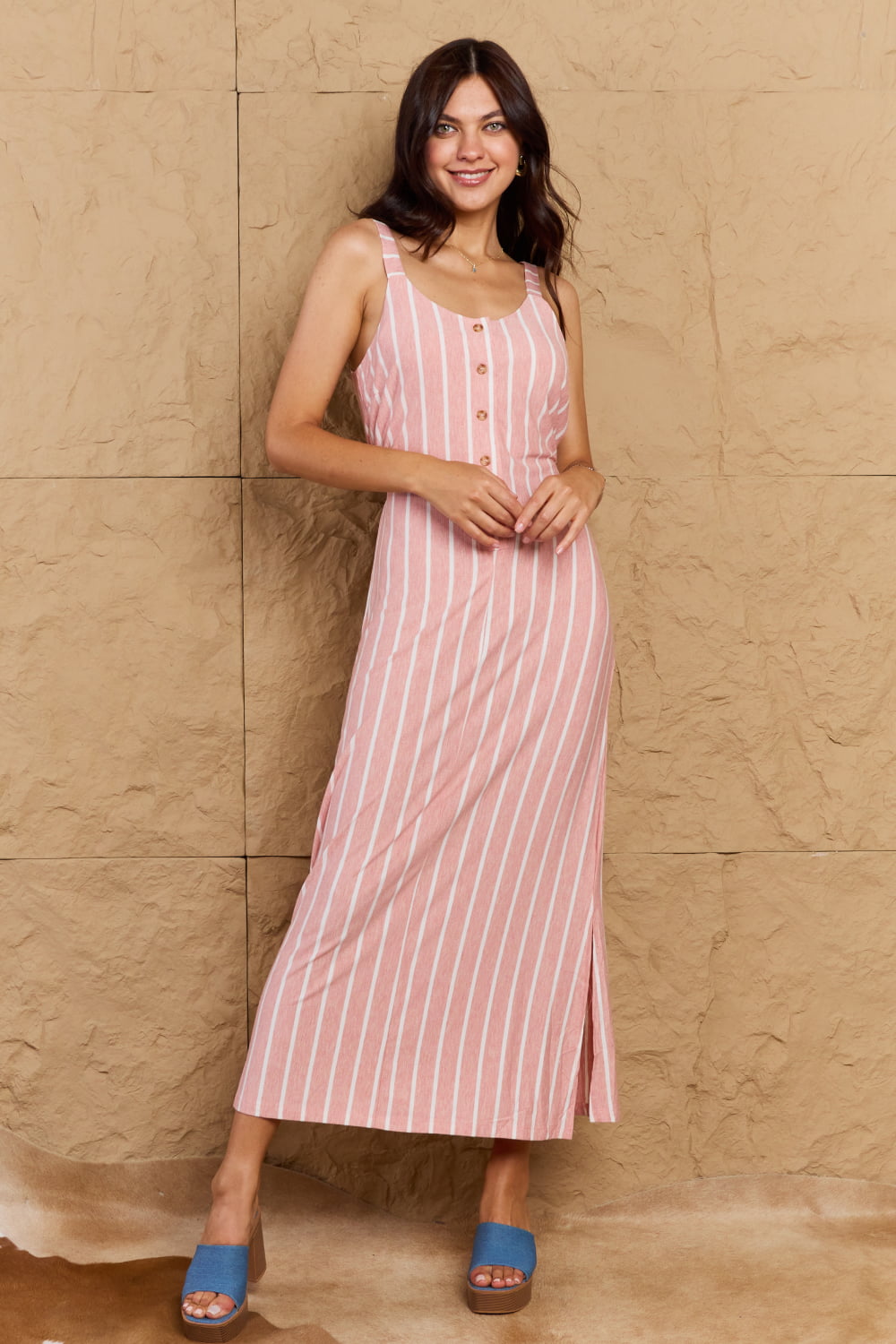 Stripe Textured Knit Maxi Dress in Dusty Pink