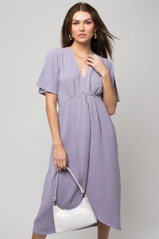 Solid V-Neck Midi Dress W-Front Knot