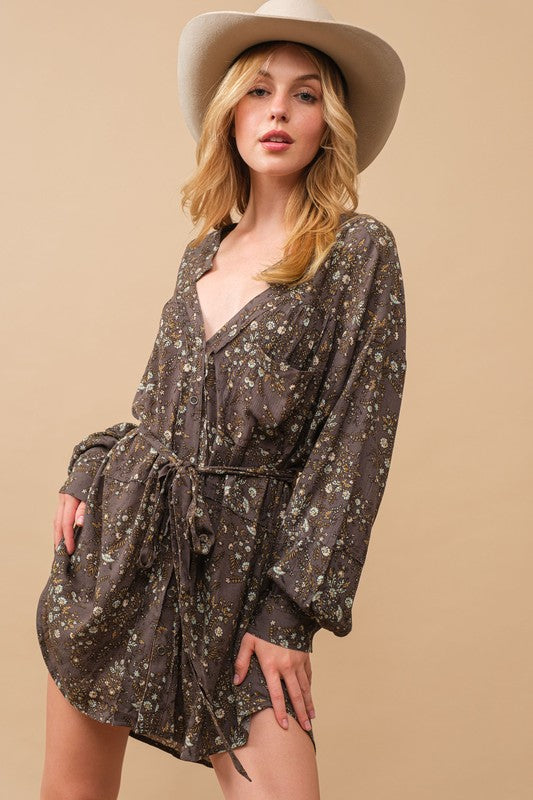 Rayon Crinkle Ditsy Floral Raw Shift Shirt Dress