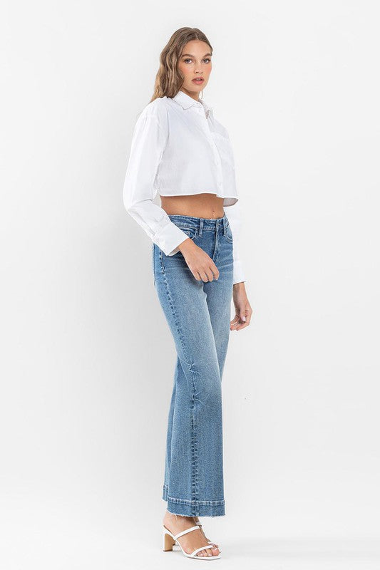 High Rise Wide Leg Jeans with Trouser Hem Detail