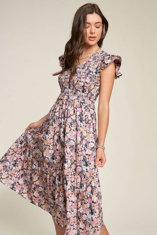 Vintage Garden Floral Flutter Smocking Midi Dress